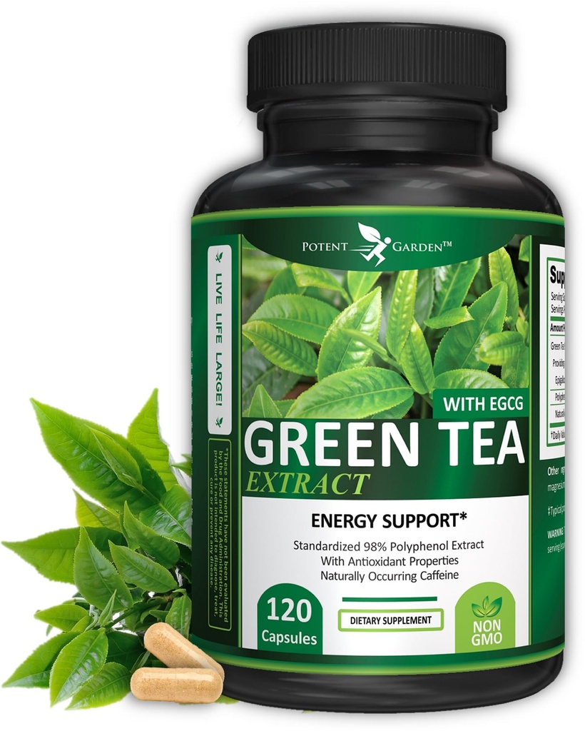 Potent Garden Green Tea Extract with EGCG Natural Energy, mental Focus, Immune Support, Antioksi ve Sağlıklı Kalp Formula, Non-GMO 120 Yeşil Çay Türlü Kapsüller