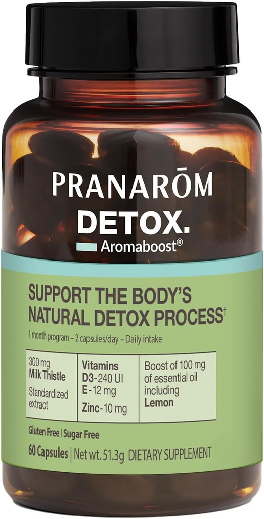 Pranarom - Aromaboost Detox βοτανικό συμπλήρωμα - Εξαλείφει τις τοξίνες και τα στραγγίσματα Το σώμα - γάλα γαϊδουράγκαθο και ψευδάργυρος - Βιταμίνες D3 και E - λεμόνι αιθέριο έλαιο - 60 κόμης