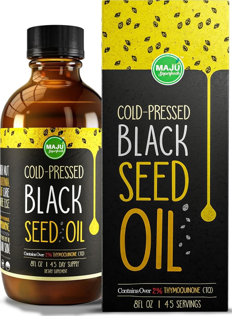 MAJU Black Seed Oil - 3 Times Thymoquinone, Cold-Pressed, %100 Türk Siyah Cumin Tohum Petrol, Sıvı Saf Siyah Yağ, Cam Şişe, 8 ozed Oil, Glass Şişe, 8 oz