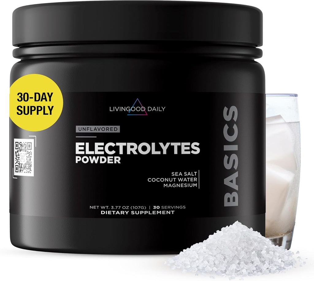 Livingood Daily Electrolytes Powder, Electrolytes Hydration Powder with Magensium, Pastium, Sea Salt and Coconut Νερό Ζάχαρη Δωρεάν Ηλεκτρολύτη Ποτό Mix, Keto, Χωρίς γλουτένη, Χωρίς γεύση, 30 Μερίδες