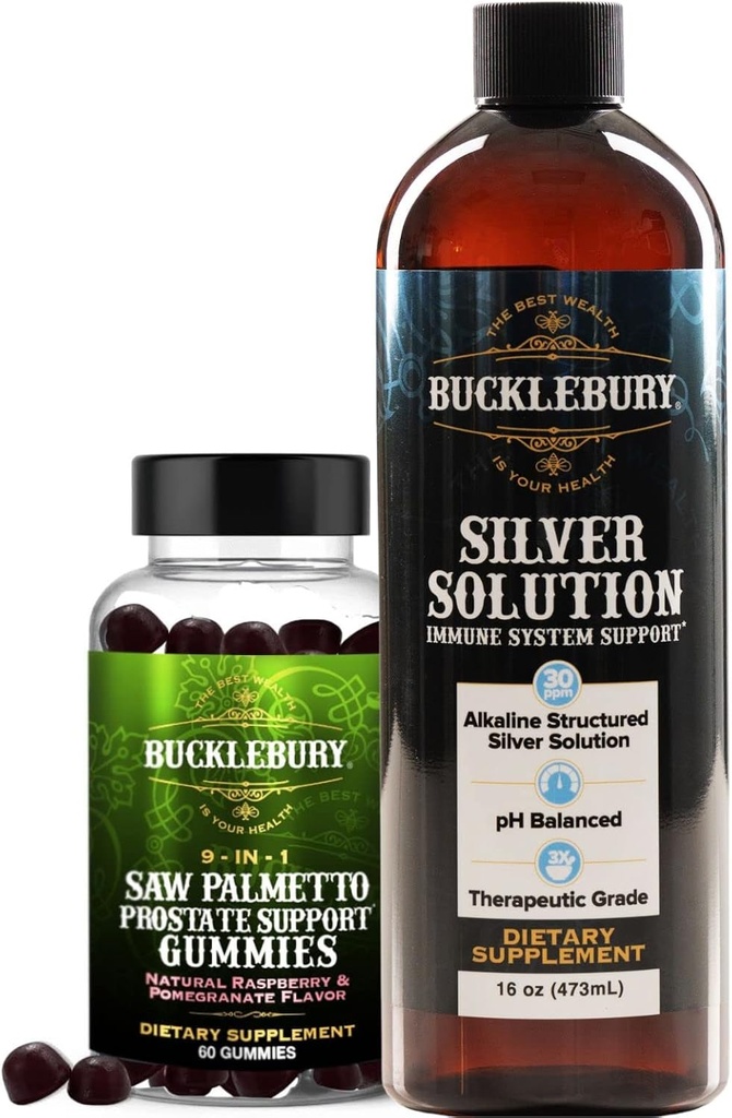 BUCKLEBURY είδε Palmetto Prostate Gummies και δομημένη υγρή ασημένια λύση 30ppm