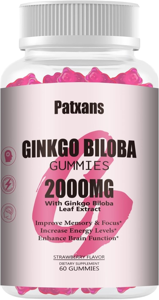 1 Pack 2000mg Ginkgo Biloba Gummies - Ginkgo Biloba Supplements for Brain Health Support, Improve Mood and Focus, Energy, Adult, Strawberry Flavor, 60 Count