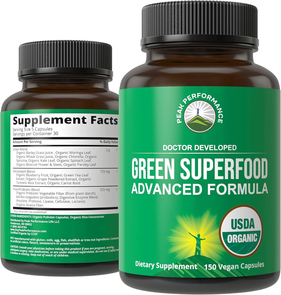 Organik Super Greens 150 Capsules - Green Juice Superfood Supplement with 25 All Natural Organic Materialss. Max Energy and Detox Super Food Pills with Spirulina, Spinach, Kale, Turmeric, Probiyotiks