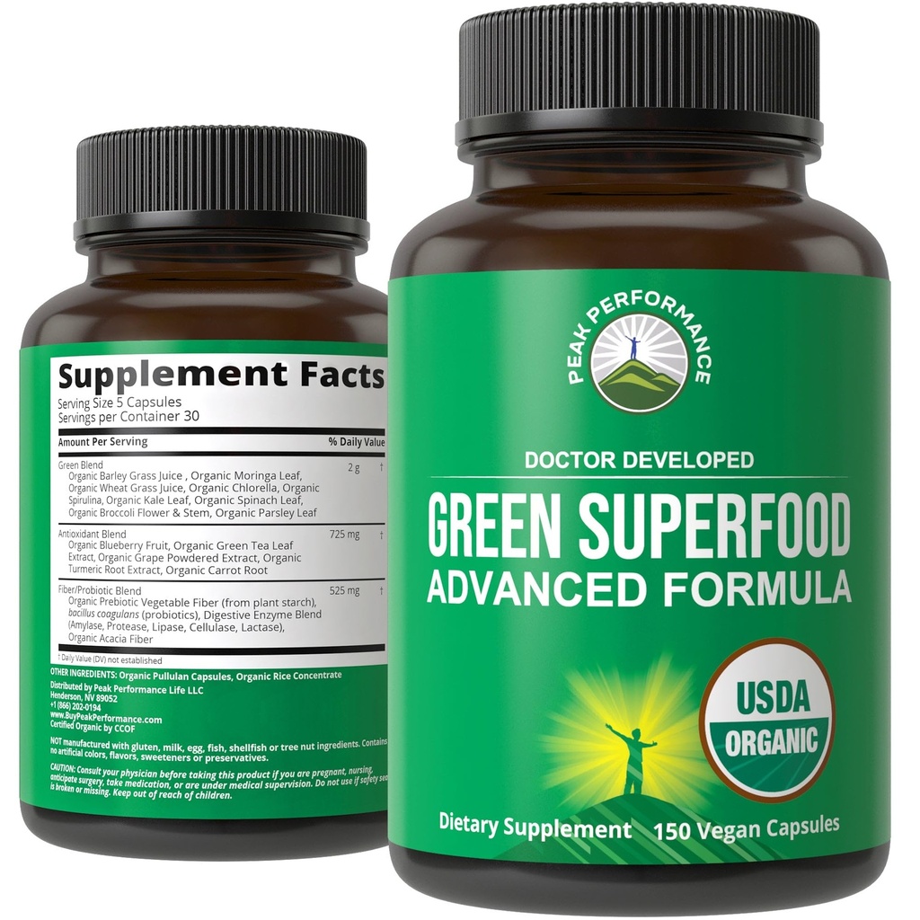 Organik Super Greens 150 Capsules - Green Juice Superfood Supplement with 25 All Natural Organic Materialss. Max Energy and Detox Super Food Pills with Spirulina, Spinach, Kale, Turmeric, Probiyotiks