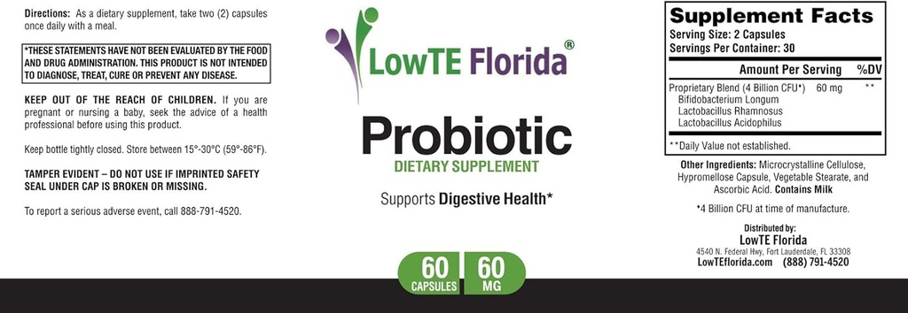 LowTE Florida® Probiotic Supplement - 60 Capsules, 60mg, Probiotics for Digestive Health and Immune Support with Lactobacillus Acidophilus, Lactobacillus Rhamnosus & Bifidobacterium Longum