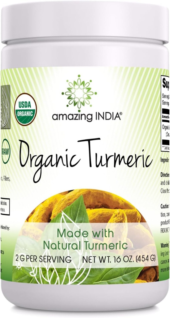 Amazing India USDA Sertifikalı Organik Turmeric Toz 16 Oz (1 Lb) Supplement | Non-GMO | Gluten Free | Made in USA