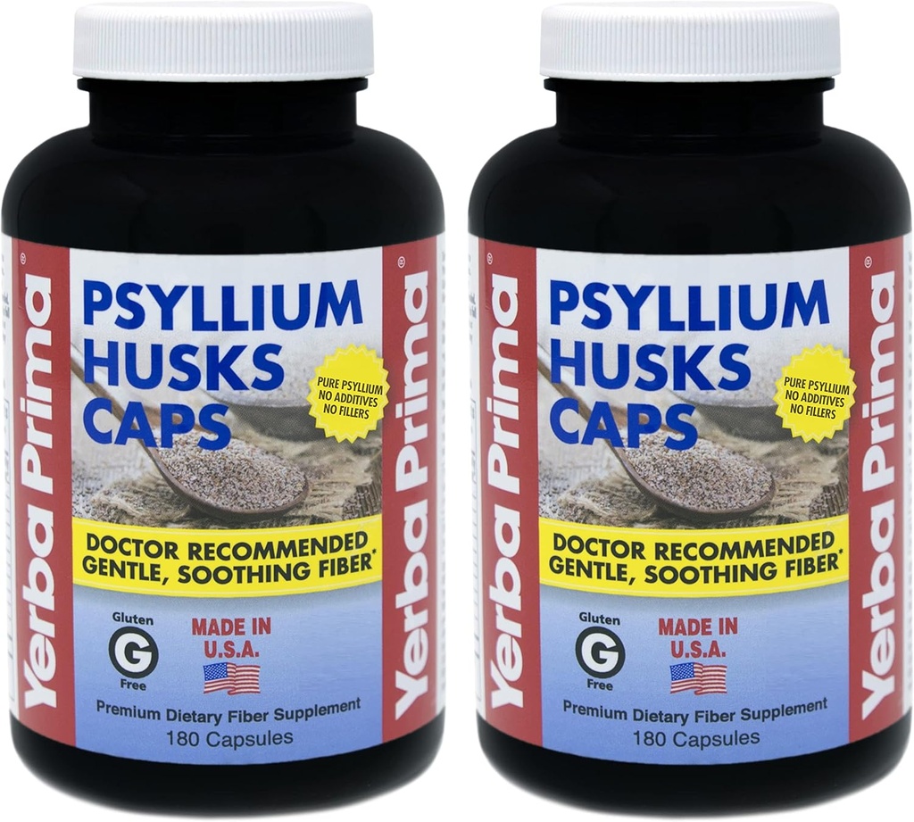 Yerba Prima Psyllium Husk Caps - 180 Capsules (Pack of 2) - Swallow Fiber Supplement - Kolon Temiz - Gut Health - Non-GMO Gluten Ücretsiz