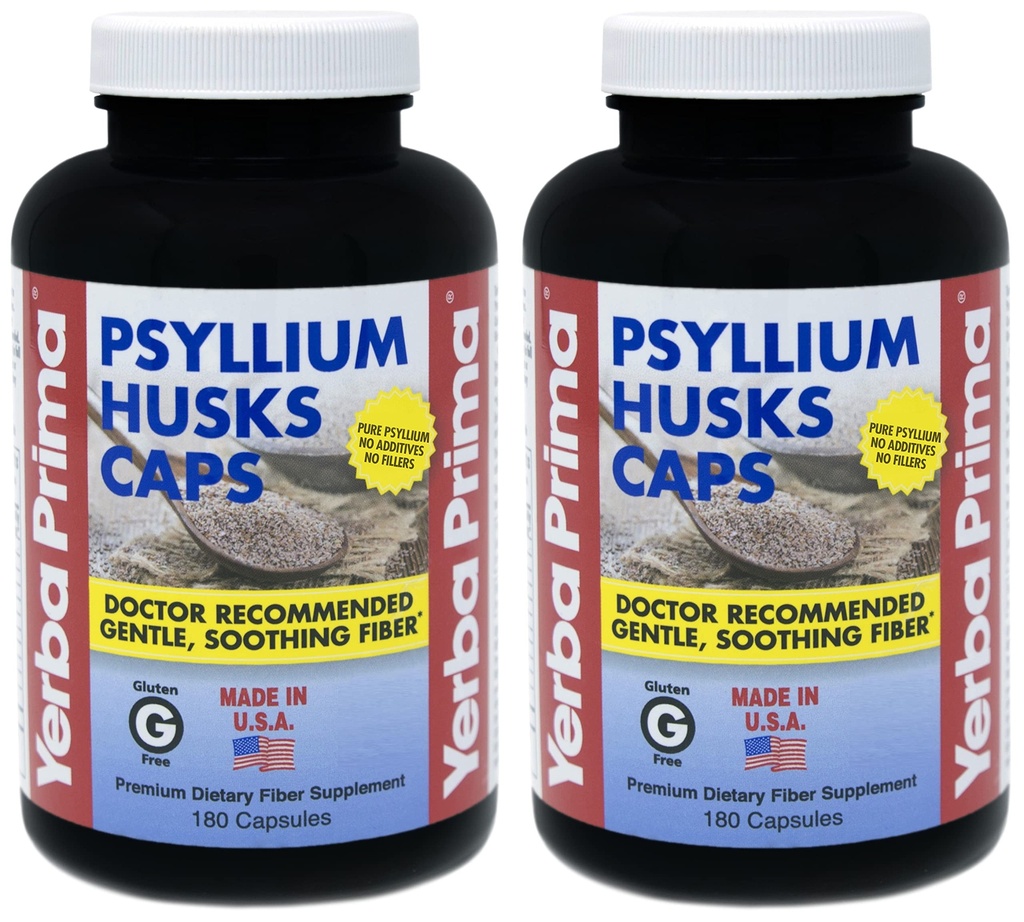 Yerba Prima Psyllium Husk Caps - 180 Capsules (Pack of 2) - Swallow Fiber Supplement - Kolon Temiz - Gut Health - Non-GMO Gluten Ücretsiz