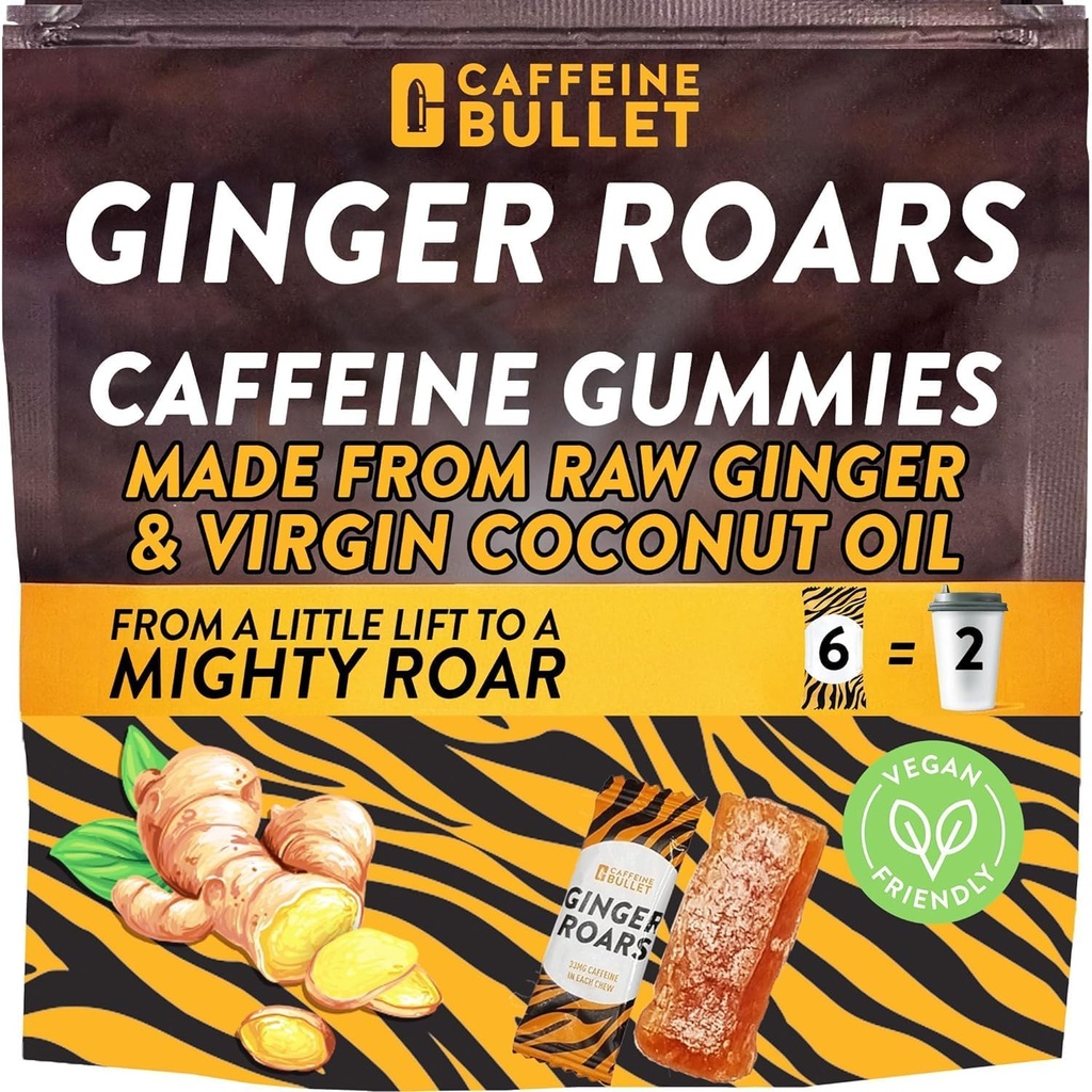 Ginger Roars - Caffeine Ginger Chews - 12 Caffeine Candies Her 33 mg Caffeine with a Delicious Natural Honey Ginger Flavour & Fiery ipucu. Bitki bazlı Enerji Shots, Yetişkinler için bir Vegan sağlıklı Snack.