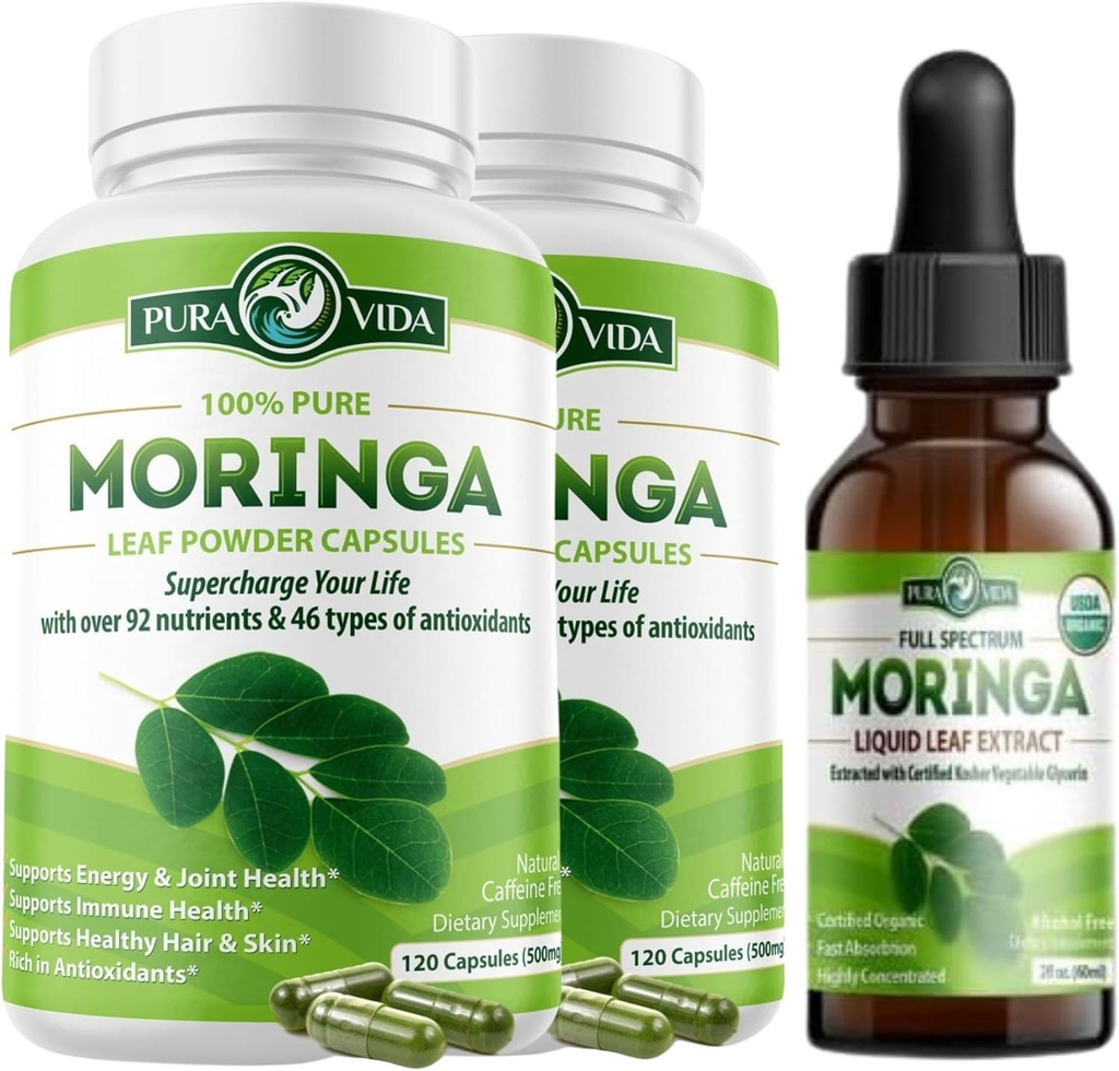 Moringa Capsules 120ct. 500 mg Caps. (Pack of 2) ve Organik Moringa Petrol (2fl oz)