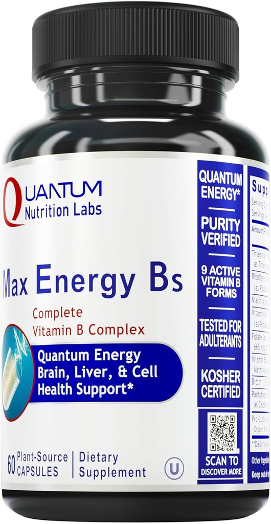 Εργαστήρια Κβαντικής Διατροφής Max Energy Bs - Vitamin B Complex, μεθυλιωμένες βιταμίνες B Complex με βιταμίνη B1, B6, B12, Thiamin, Folate και Biotin - 60 κάψουλες χορτοφάγων