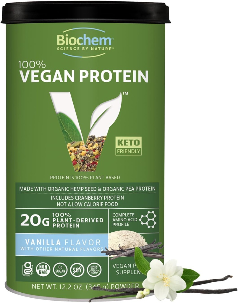 Biochem Vegan Protein Tozu - 20g Plant-Based Protein - Organik Pea, Hemp & Cranberry Protein - Low Carb, Low Fat, Gluten-Free, Non-GMO, Keto-Friendly – Vanilla Flavor – 12.2 ozz