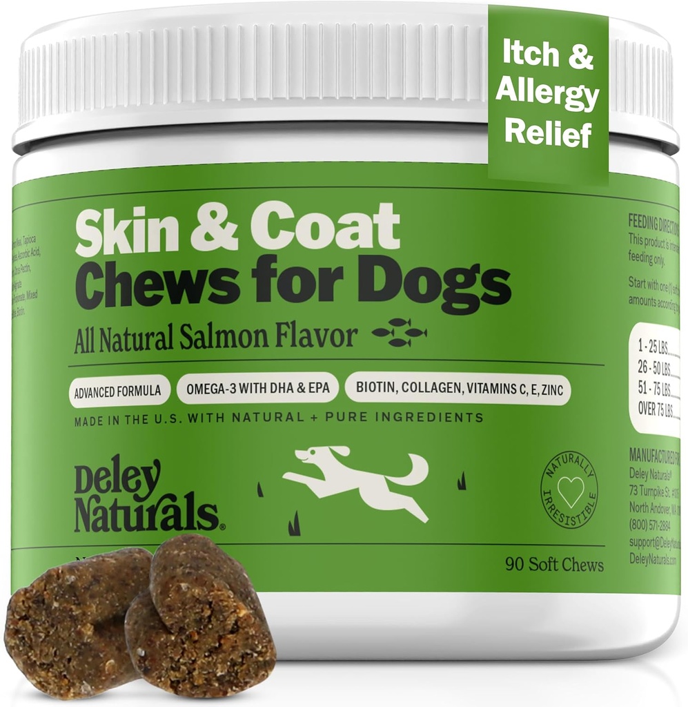Deley Naturals Skin & Coat Chews - Dog Alerji Chews with Omega 3 Fish Oil, Biotin, Collagen and Essential Vitamins - Supports Dog Itching Skin Relief, Reduces Kuruness and Health Coat - Made in USA