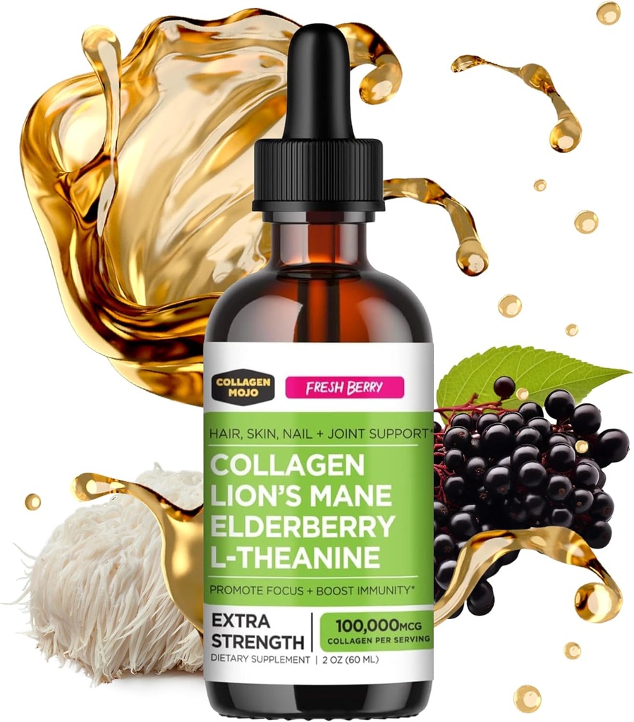 Collagen Mojo - Kadınlar ve Erkekler için sıvı Collagens, Lion's Mane Mushroom, Elderberry & L-Theanine - Saç, Skin, Nails, Ortak Destek, Focus, High Abors - 100.000