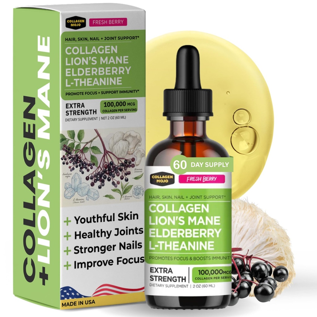 Collagen Mojo - Kadınlar ve Erkekler için sıvı Collagens, Lion's Mane Mushroom, Elderberry & L-Theanine - Saç, Skin, Nails, Ortak Destek, Focus, High Abors - 100.000