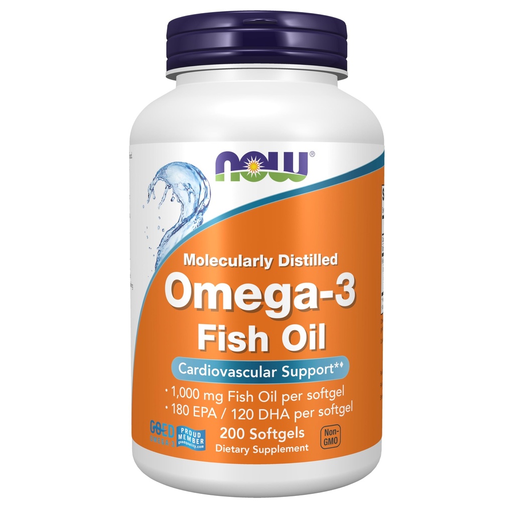 NOW Συμπληρώματα τροφίμων, Omega-3 180 EPA / 120 DHA, Μοριακά Αποσταγμένο, Καρδιαγγειακή Υποστήριξη*, 200 Softgels
