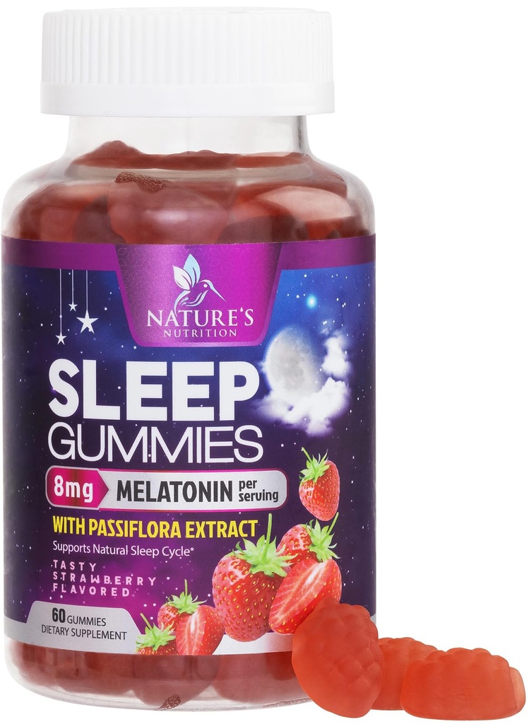 Gummys ύπνου για ενήλικες Επιπλέον δύναμη 8mg - μελατονίνη με Passiflora εκχύλισμα για υπόλοιπο ύπνο - γρήγορη δράση Melatonin συμπλήρωμα Gummy ύπνου, Vegan, μη-GMO, Νόστιμη γεύση φράουλας - 60 Gummies