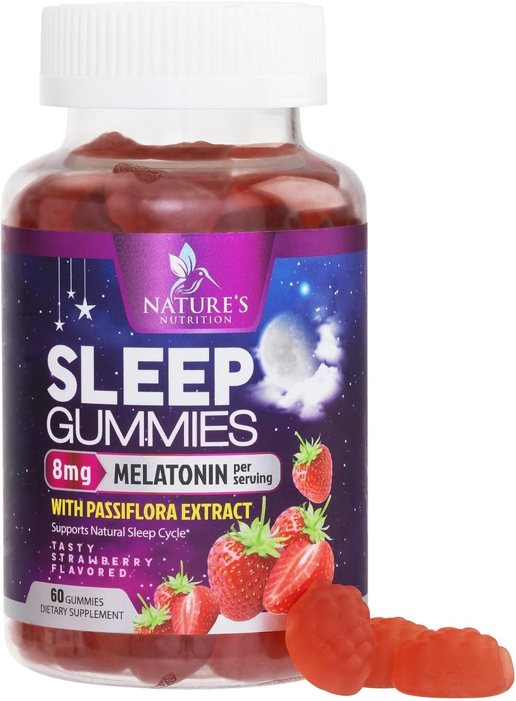 Yetişkinler için Uyku Gummies Ekstra Güçlü 8mg - Canatonin with Passiflora Extract for Restful Sleep - Fast Acting Melatonin Sleep Gummy Supplement, Vegan, Non-GMO, Tasty Strawberry Flavor - 60 Gummies