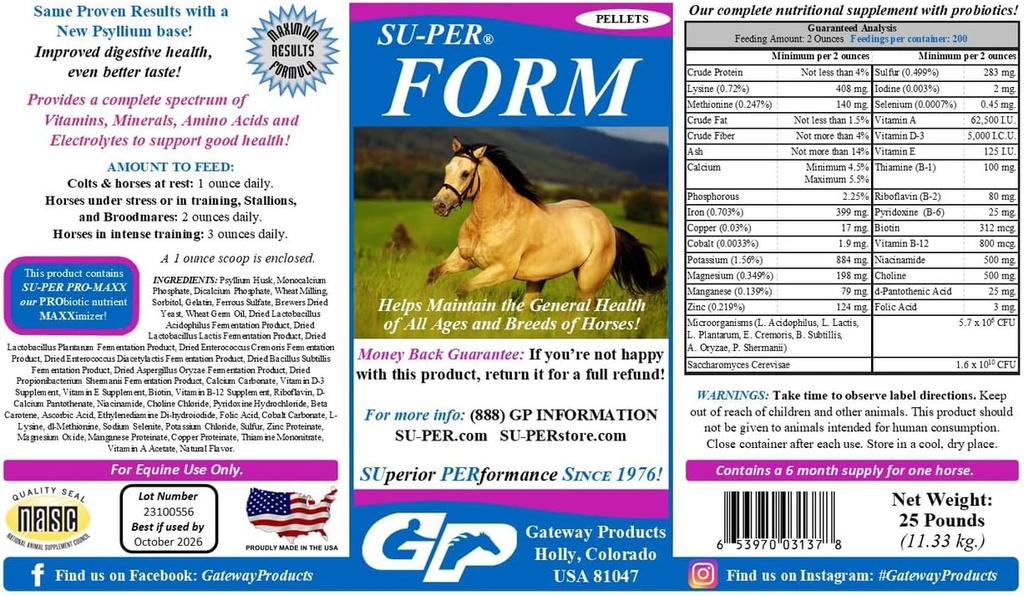 SU-PER Form Horse Vitamins and Minerals Pellets - Συμπλήρωμα διατροφής με Προβιοτικά - Βιταμίνες, Ορυκτά, Αμινοξέα & Ηλεκτρολυτικά - Βοηθά στη διατήρηση της Γενικής Υγείας - 25 Λίρες, 6 Μήνες Προσφορά