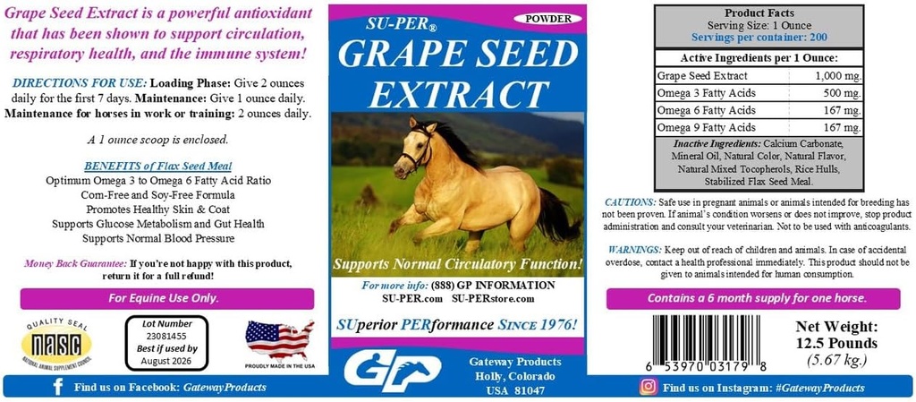 SU-PER Grape Tohumu At Antioksi - Performans Atları için Ek Antioksi Supplement - Destekler Circulation Respiratory Health & Immune System - 12.5 Pounds, 6 Ay Supply