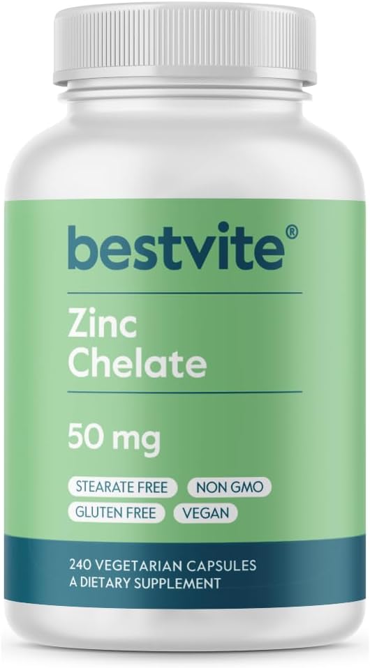 BESTVITE Χηλικός ψευδάργυρος 50mg (240 κάψουλες χορτοφάγων) - Δεν Stearates - Δεν Dicalcium Phosphate - Vegan - Μη ΓΤΟ - Χωρίς γλουτένη