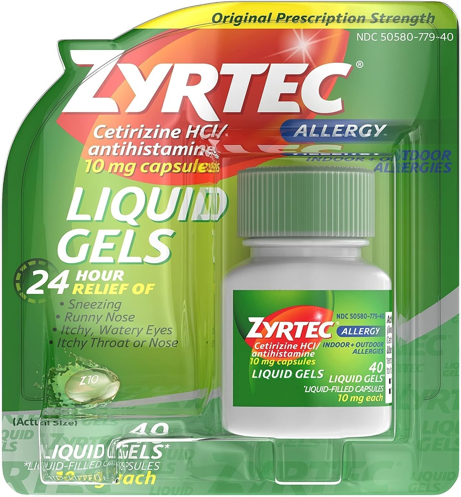 Zyrtec 24 Saat Kapalı ve Açık Alerjiler Sıvı Gels, Cetirizine Capsule ile All-Day Antihistamin Capsules, 40 ct ( 2)