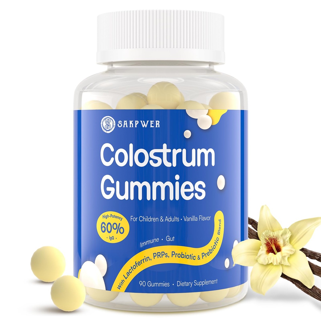 Bovine Colostrum Supplement Gummies -% 60 En yüksek IgG, Lactoferrin, Probiyotikler ve Prebiyotikler Yetişkinler ve Çocuklar için, Vanilla Flavor & Sugar Free, 90 Gummies
