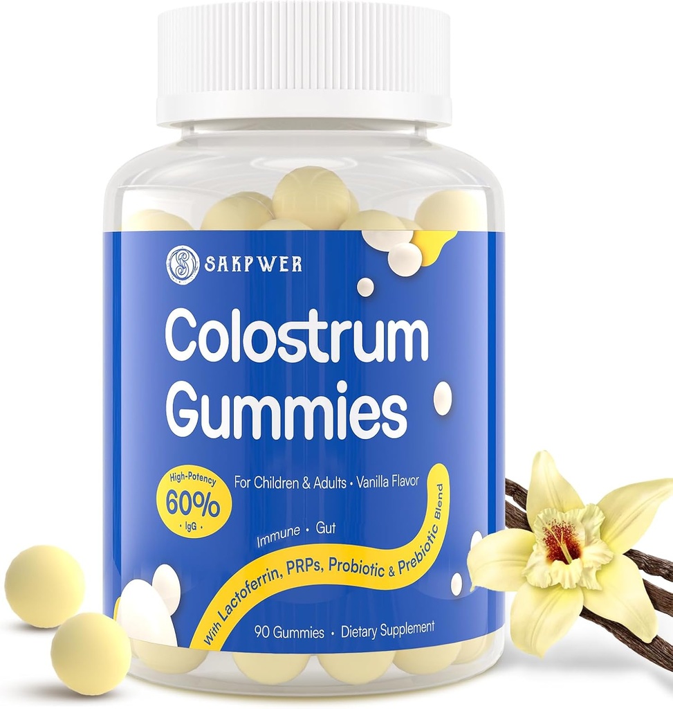 Bovine Colostrum Supplement Gummies -% 60 En yüksek IgG, Lactoferrin, Probiyotikler ve Prebiyotikler Yetişkinler ve Çocuklar için, Vanilla Flavor & Sugar Free, 90 Gummies