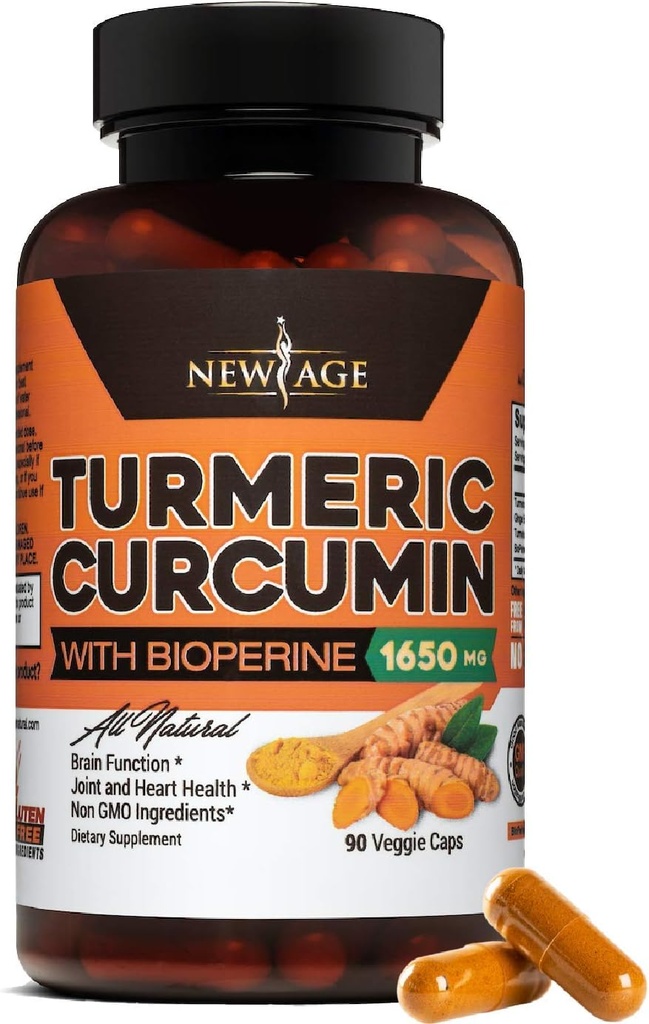 NEW AGE Turmeric Curcumin with Bioperine Capsules - Natural Joint & Wellness Support with 95 Standardized Curcuminoids for Potency & Abxia - Non-GMO, Gluten Free (90 Kont)