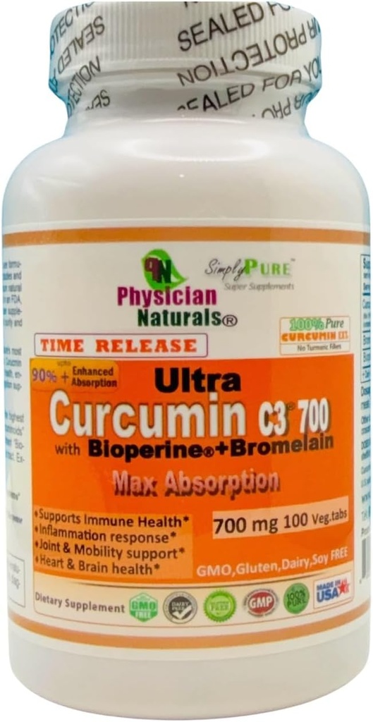 Ultra Curcumin C3 Time Release w Bioperine and Bromelain Time Release 700mg 100 Veg.tabs Max Absorption