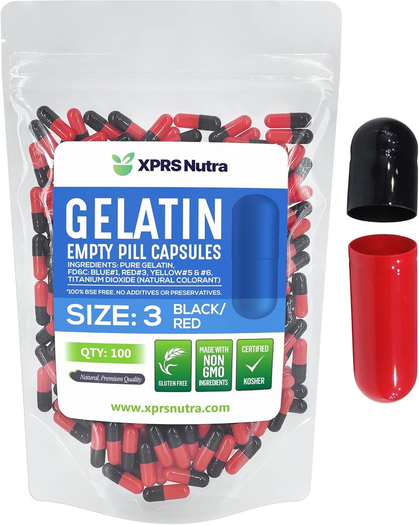 XPRS Nutra Μέγεθος 3 Κενές κάψουλες - 100 Count Empty Gelatin Κάψουλες - Χάπια DIY Καψάκιο Γέμισμα - Καθαρά Καπάκια τζελ Μπόβιν Χάπι Γεμάτο για Βιταμίνες και Συμπληρώματα (Μαύρο/Κόκκινο)
