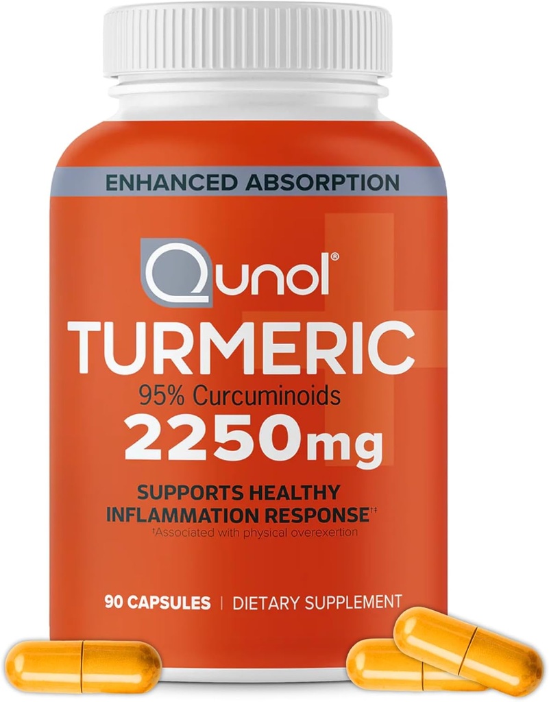 Qunol Turmeric Curcumin with Black Pepper, 2250 mg Turmeric Extract with 95 Curcuminoids, Ekstra Güçlü Turmeric Supplement, Gelişmiş Aborpsiyon, Ortak Destek Tamam, 90 Vegetarian Capsules