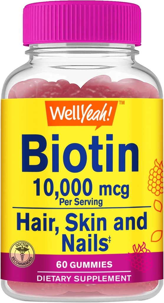 WellEvet Yüksek Potency Biotin 10.000 mcg Gummies - Güçlü Saçlar için, Skin & Nails - Vegan-Friendly, Gluten-Free, Non-GMO, and Berry Flavor - 60 Gummies