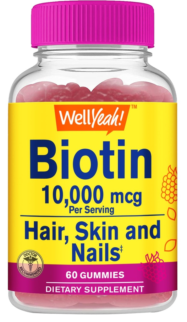 WellEvet Yüksek Potency Biotin 10.000 mcg Gummies - Güçlü Saçlar için, Skin & Nails - Vegan-Friendly, Gluten-Free, Non-GMO, and Berry Flavor - 60 Gummies