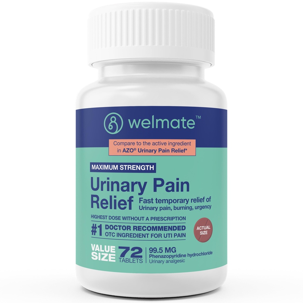 WELMATE - Ουρολοίμωξη (72 δισκία) - Phenazopyridine Hydrochloride 99, 5mg - Ουρολοίμωξη, Επείγον, & Δυσφορία - Μέγιστη δύναμη - Over-The-Counter Medication