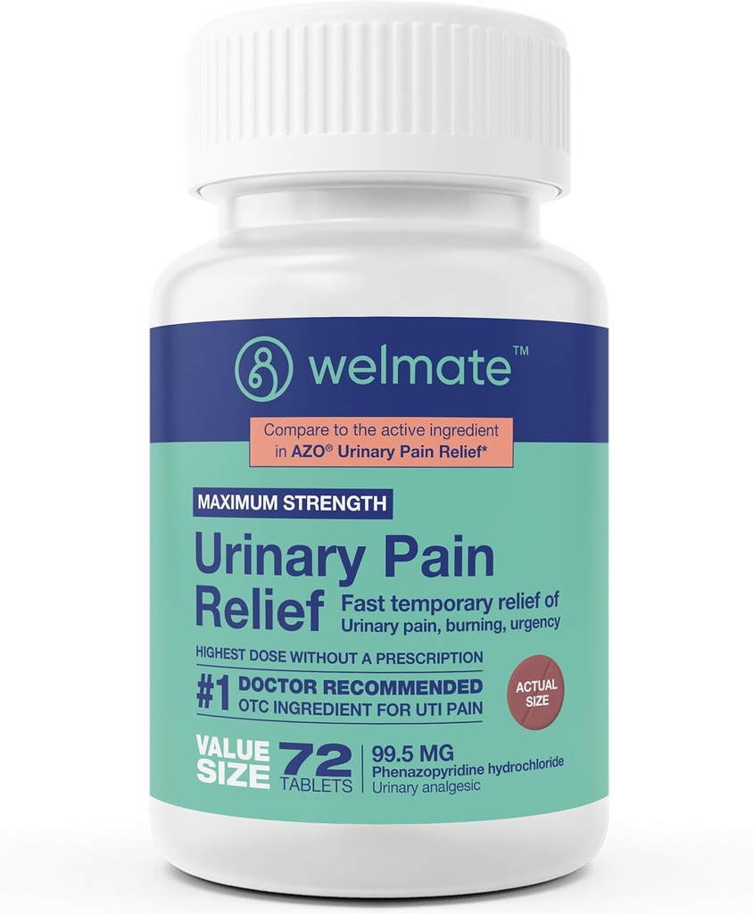 WELMATE - Urinary Pain Relief (72 Tablet) - Phenazo piridine, 99.5 mg - Urinary Pain, Urgency, & Discomfort - maksimum Güçlü - Over-The-Counter Drug