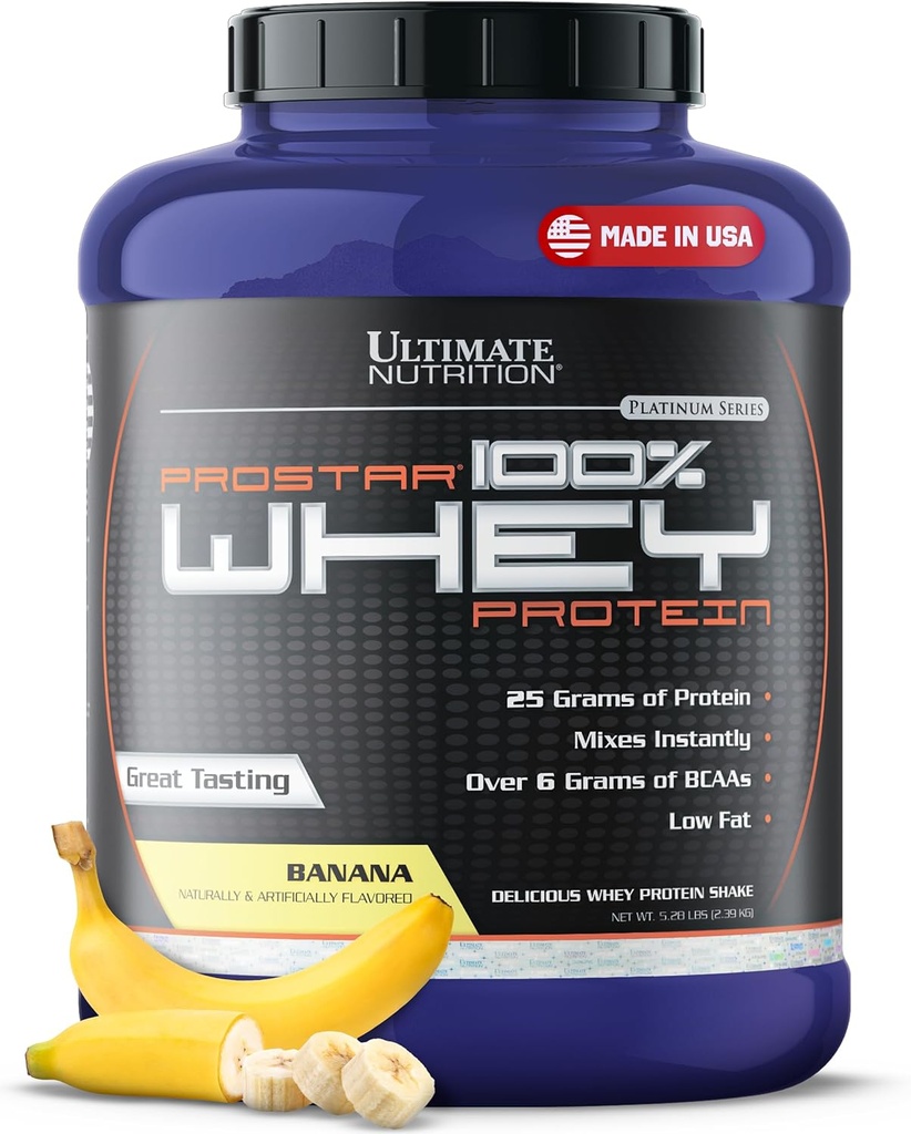Ultimate Nutrition Prostar Whey Protein Powder Isolate, Banana - Χαμηλή υδατανθράκων, υψηλής πρωτεΐνης σκόνης Shake for muscle Gain & Recovery - Χαμηλό Νάτριο, Χαμηλό Πάχος & Κετό Φιλικό - 5.28 lbs Tub