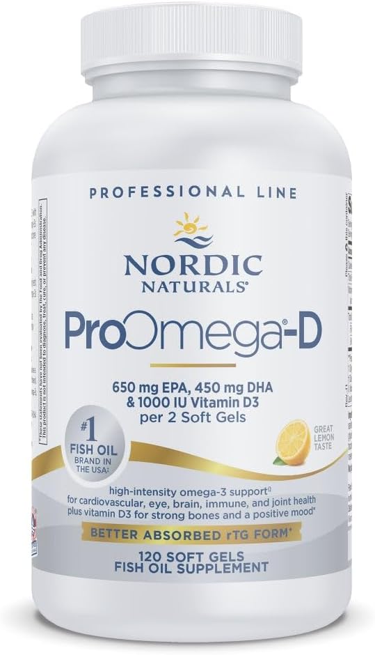 Nordic Naturals ProOmega-D, Limon Flavor - 120 Soft Gels - 1280 mg Omega-3 + 1000 IU D3 - Yüksek Yeterli Balık Petrol - EPA & DHA - Beyin, Eye, Heart, & Immune Health - Non-GMO - 60 Hizmetler