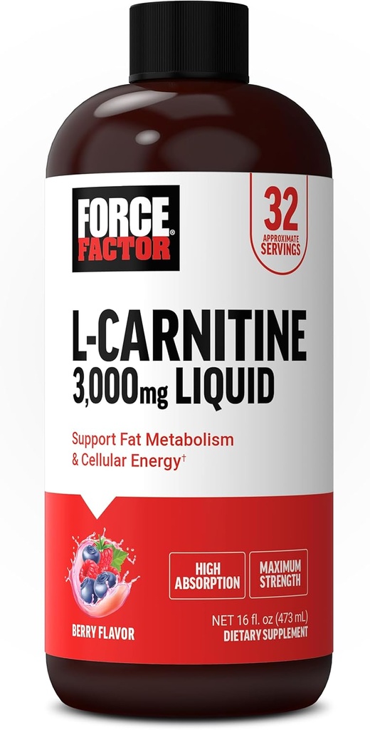 Force Factor L-Carnitine Liquid 3000mg, Μέγιστο συμπλήρωμα αντοχής για την υποστήριξη του λιπώδους μεταβολισμού, της κυτταρικής ενέργειας και της αποκατάστασης των μυών, υψηλή απορρόφηση, μη GMO, Berry Flavor, φιάλη 16 oz