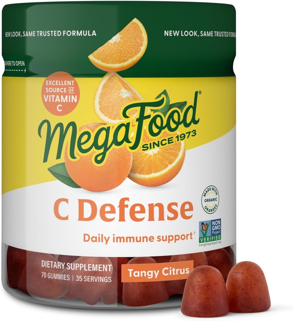 MegaFood C Defense Daily Immune Support Supplement - Chewable Vitamin C Gummies, Tangy Citrus Flavor, Made with Real Food Like Orange & Cranberry, Vegan, Gluten-Free - 70 Gummy Vitamins, 35 Servisler