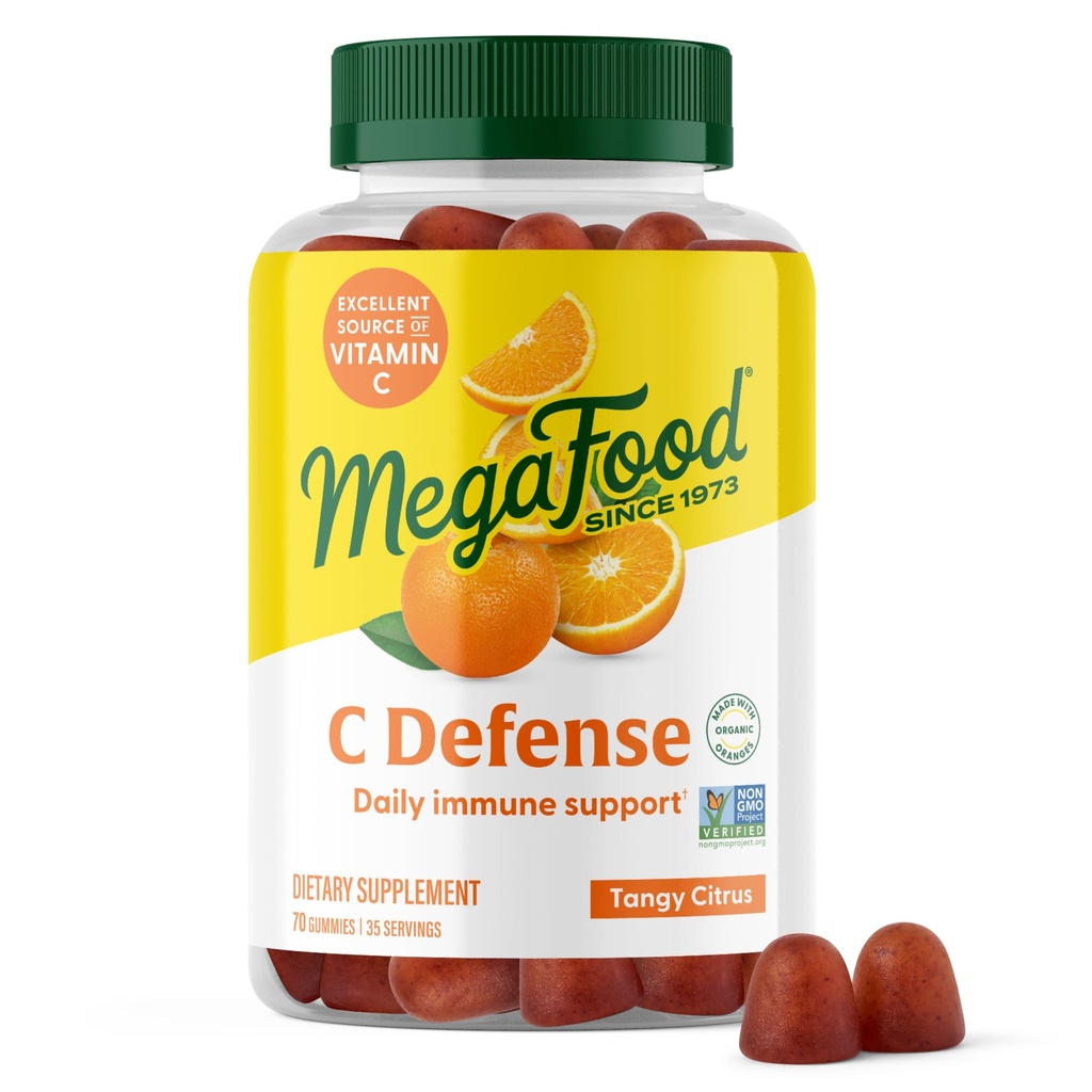 MegaFood C Defense Daily Immune Support Supplement - Chewable Vitamin C Gummies, Tangy Citrus Flavor, Made with Real Food Like Orange & Cranberry, Vegan, Gluten-Free - 70 Gummy Vitamins, 35 Servisler