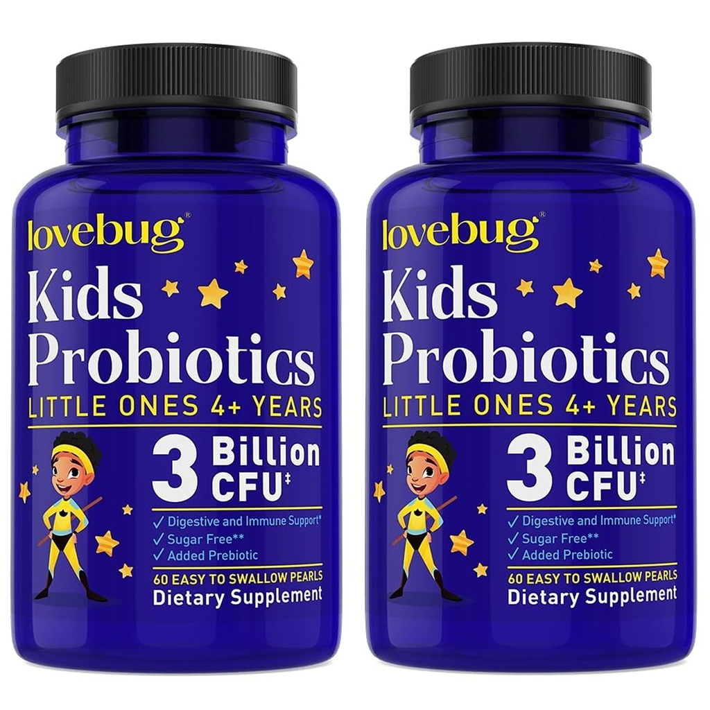 LOVEBUG Probiyotiks for Kids - Kids Probiyotik Chewables with Prebiyotiks for Aged 4+, Daily Children's Gut Health, Constipation, Digestive & Immune Support Supplement, Sugar-Free, 120 Soft Pearls