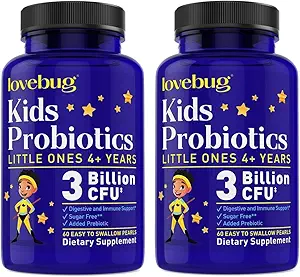 LOVEBUG Probiotics for Kids - Παιδικά Προβιοτικά Μασώμενα με Πρεβιοτικά για την ηλικία 4+, Καθημερινή Παιδική Οπίσθια Υγεία, Δυσκοιλιότητα, Πεποίθηση & Ανοσοποιητικό Συμπλήρωμα Υποστήριξης, Χωρίς Ζάχαρη, 120 Μαλακά Μαργαριτάρια