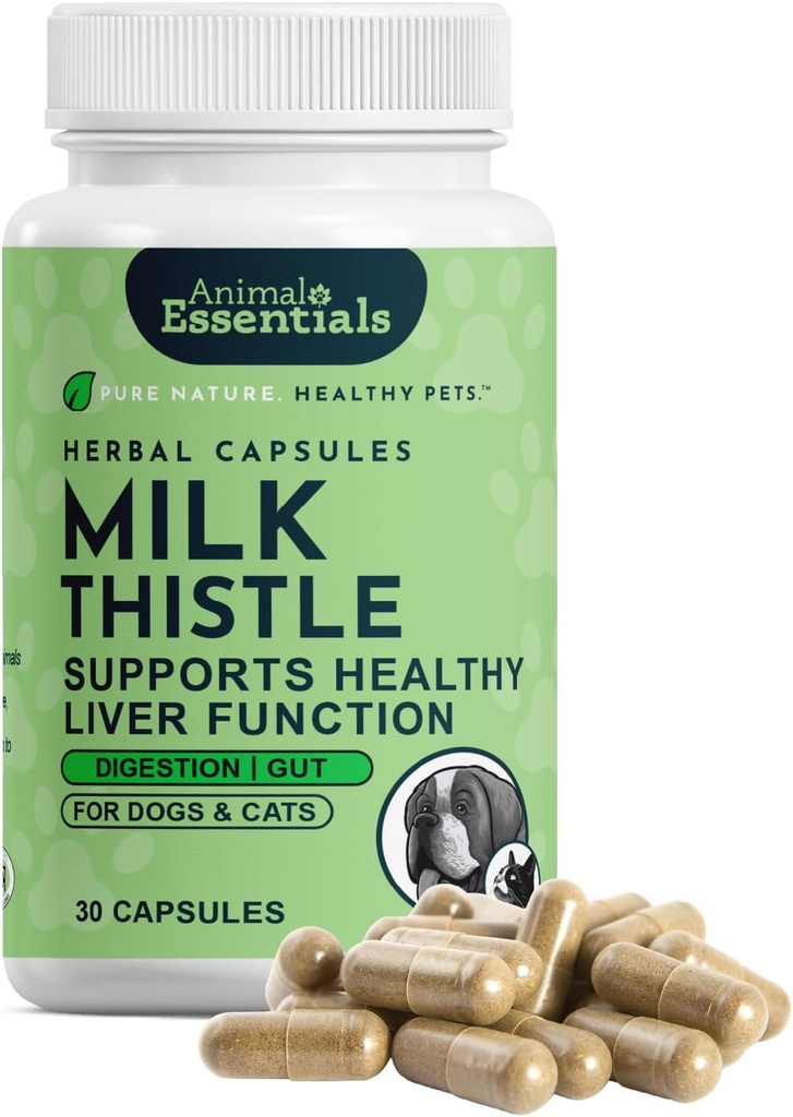 Animal Essentials Milk Butle for Dogs & Cats - Liver Support, Milk Thistle 150 mg, Silymarin, Liver Supplement, Herbal Capsules, Organic Human Grade Herbs, Veterinarian Önerilen - 30 Count
