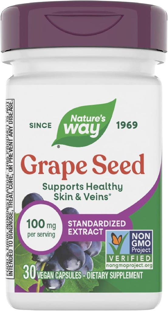 Nature's Way Grape Tohum Standardized Extract, Supports Health Skin and Veins*, Antioksi Support*, Non-GMO Project  Valid, 30 Vegan Capsules (Pazar Mayıs Vary)