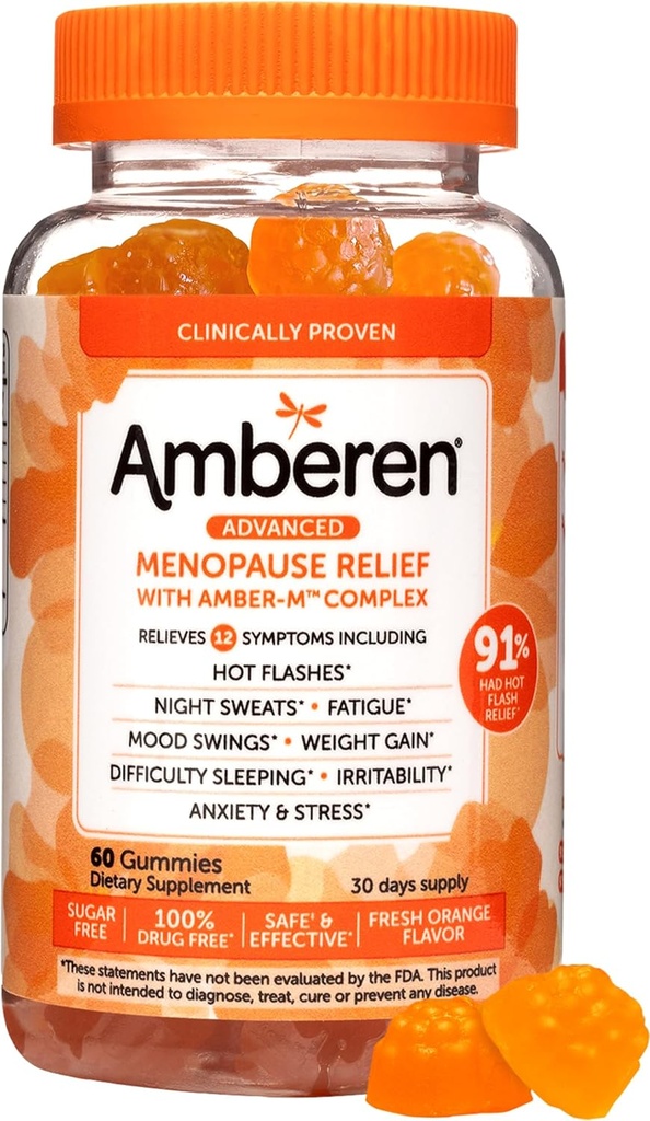 Amberen Menopause Supplements for Women, Multi-Symptom Relief, Vitamin E & Benzersiz Amberen Bileşikleri, Hormon Dengesini Destekleyebilir, Hot Flashes & Night Slips, Sugar Free, Orange Flavor, 60 Gummies