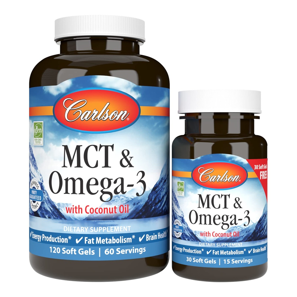 Carlson - MCT & Omega-3, Coconut Oil, Caprylic & Capric Acids, EPA & DHA, Enerji Üretimi, Fat Metabolism & Brain Health, 120+30 Softgels