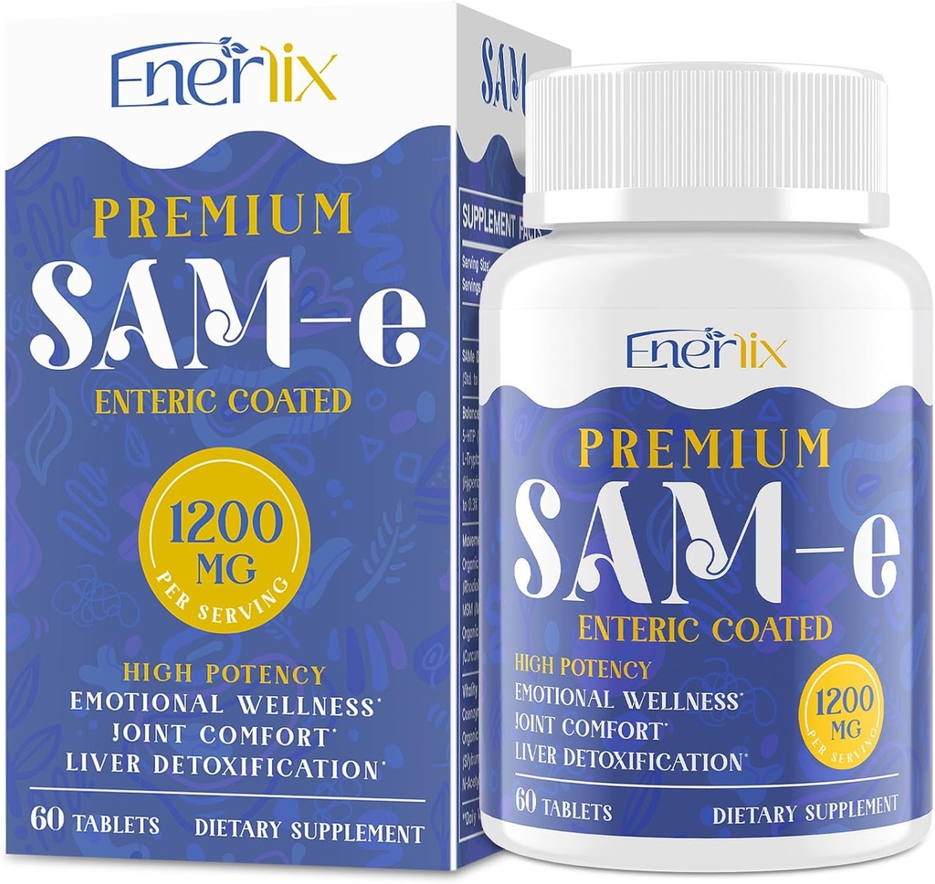 1200 MG SAM e Συμπλήρωμα για τον εγκέφαλο, τη διάθεση, την κοινή και το συκώτι, την υψηλή απορρόφηση SAM-e (S- Adenosyl- L- μεθειονίνη) με CoQ10, 5- HTP, Enteric Coated 60 δισκία, Vegan