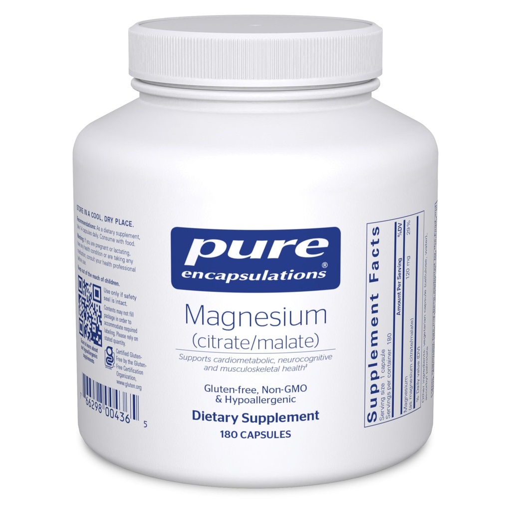 Pure Encapsulations Magnezyum (Citrate/Malate) - PErient Utilization, Energy, Bones & Heart Health* - Magnezyum Citrate & Malate - 180 Capsules