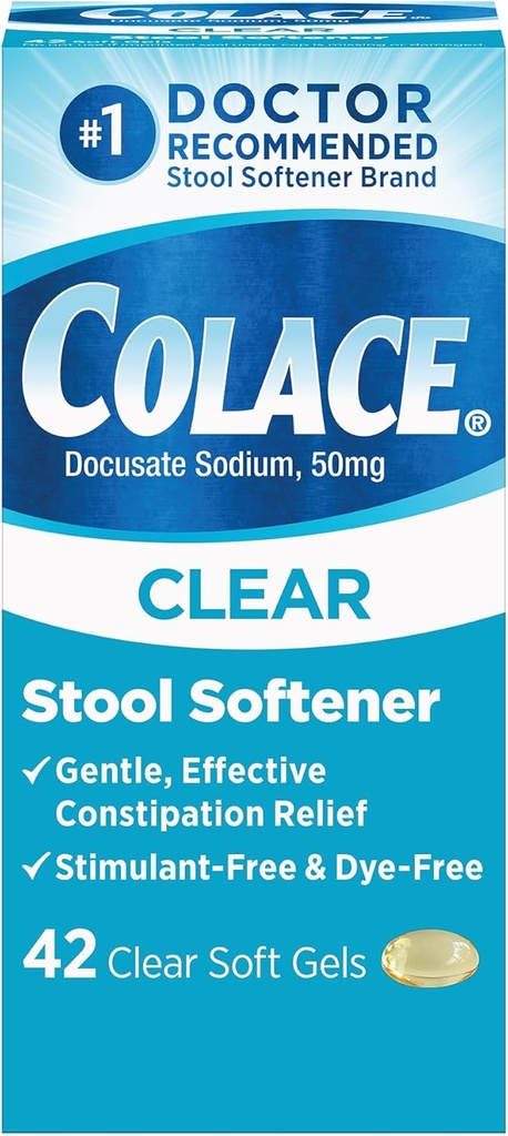 Colace Clear Stool Softener'i aktif Constipation Relief için, #1 Doktor Önerilen Stool Softener Brand, Dye Free, 50 mg Docusate Capsules, 42